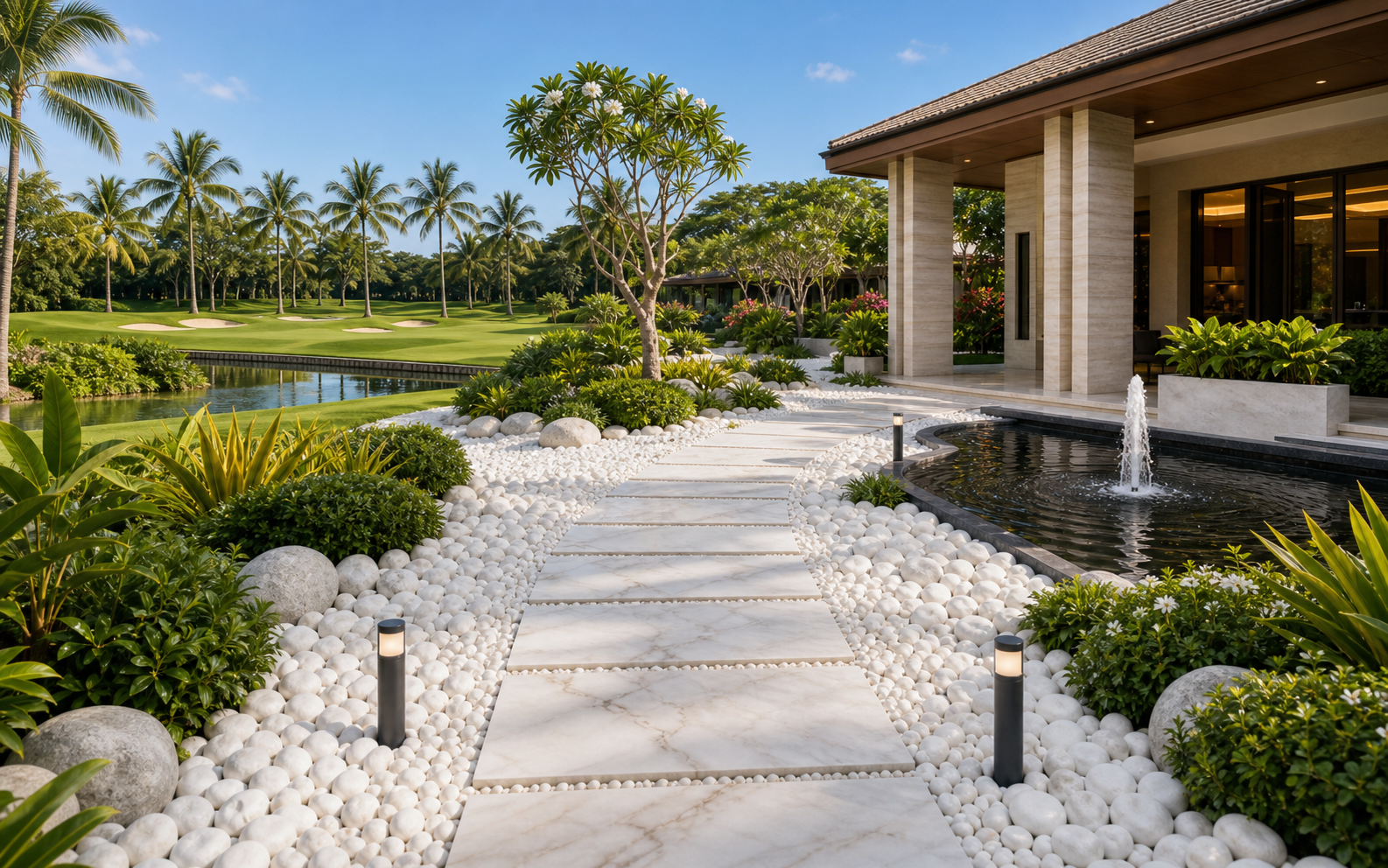 Luxury resort and golf landscape using white pebbles, cobbles and marble stepping slabs