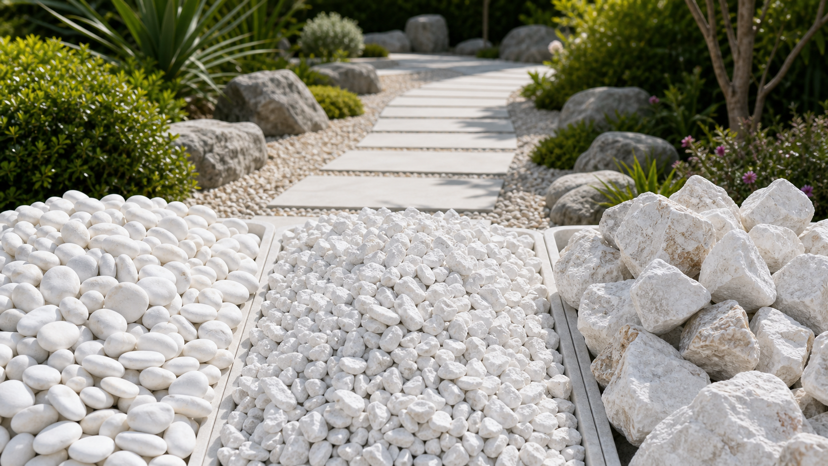 White pebbles, marble chippings and raw calcite rocks displayed beside a garden pathway
