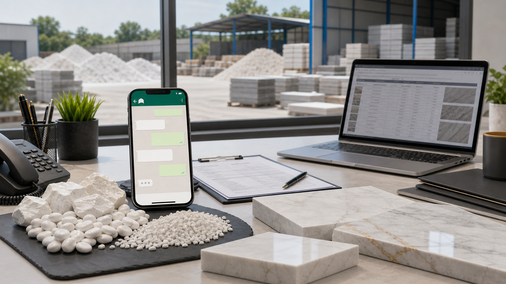 Phone, laptop and stone samples arranged for direct quotation communication