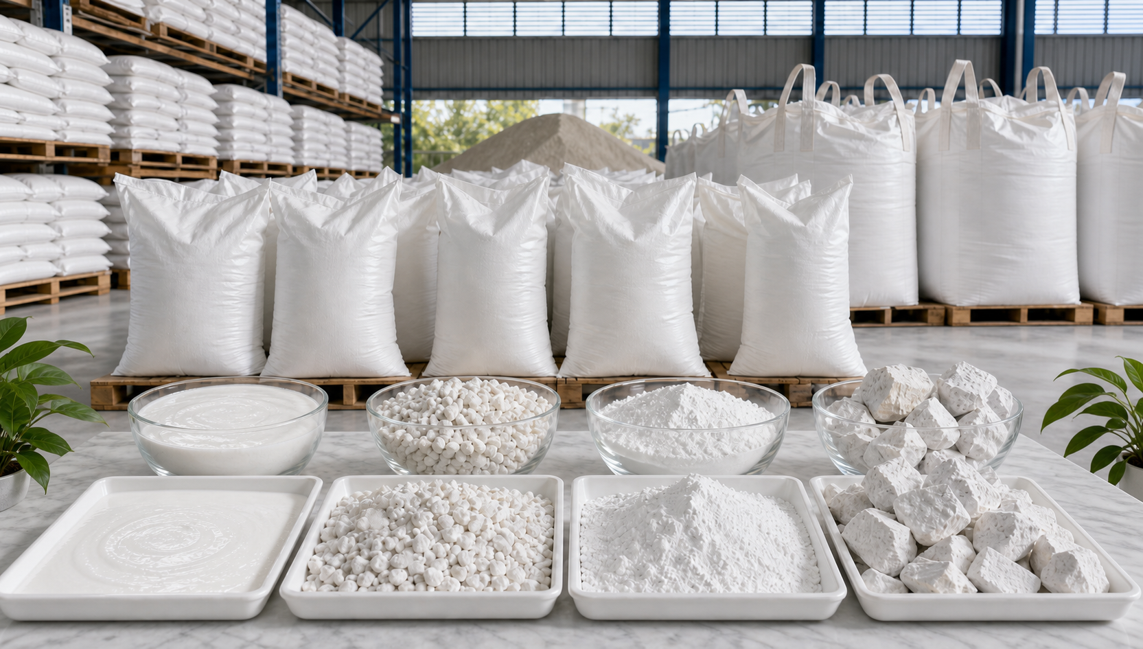 Industrial plaster lime samples with the first tray shown in white liquid form