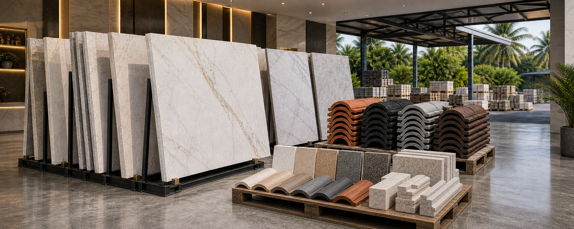Premium marble slabs, roof ridges and structural stone finishes arranged in a Malaysian supply showroom