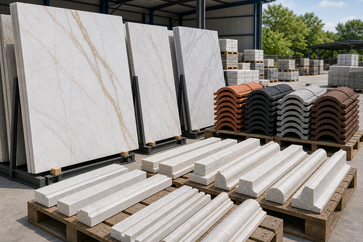 Marble slabs, roof ridges and structural finishing profiles arranged in a clean supply yard